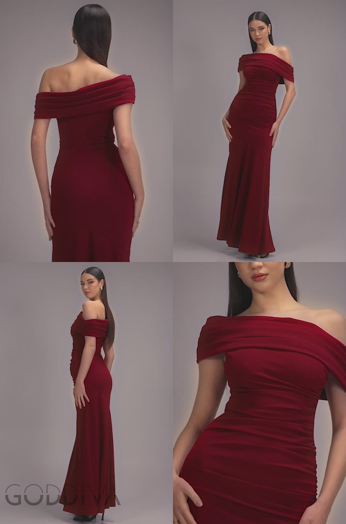 Pleated One Shoulder Bardot Fit And Flare Maxi Dress - Burgundy DR4909