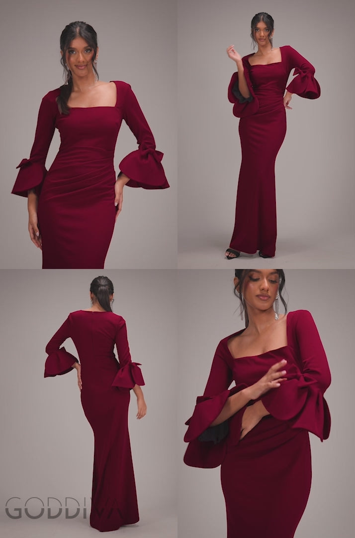 Petal Bow Sleeve Frill Maxi Dress - Wine DR4767
