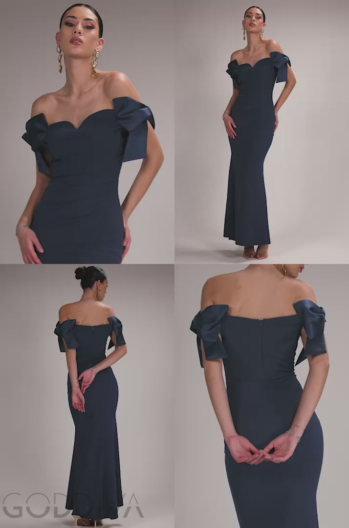 Satin Bow Bardot Sheath Maxi Dress - Navy Blue DR4999