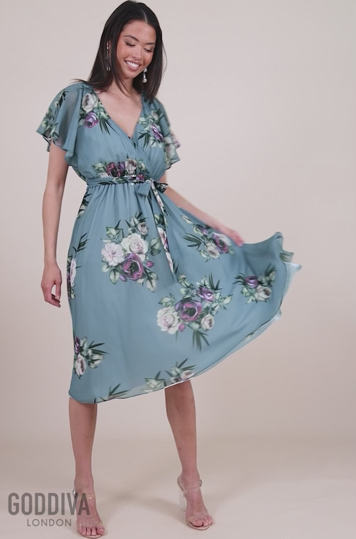 Floral Printed Flutter Sleeve Chiffon Midi Dress - Airforce Blue DR4515