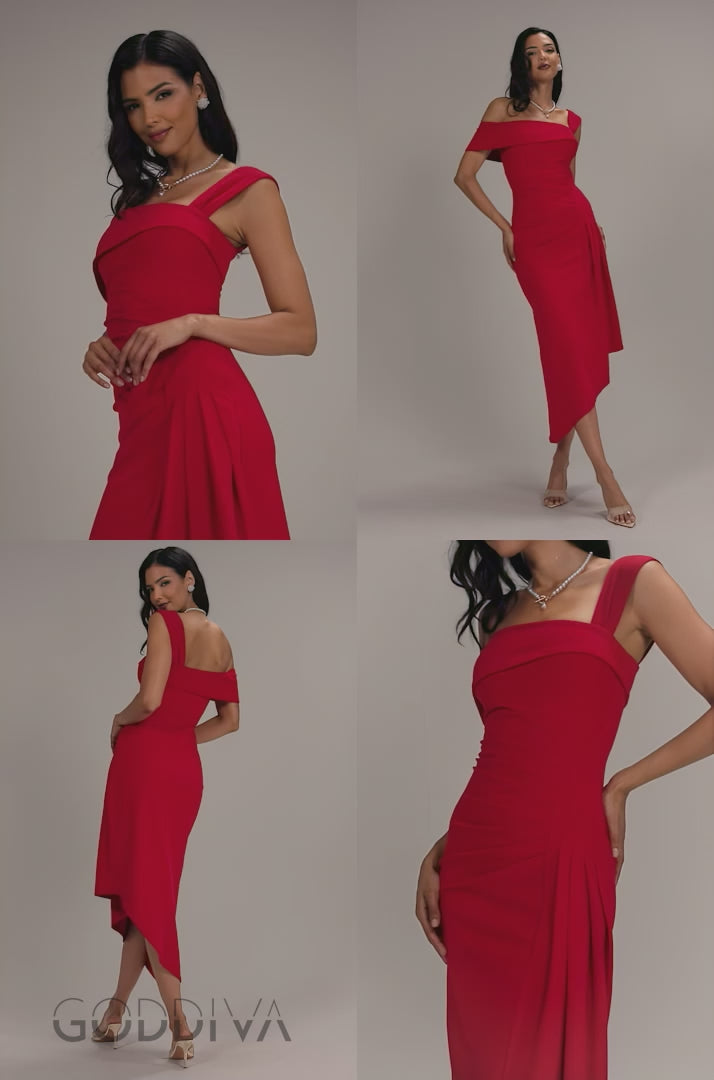 Off Shoulder Pleated Waist Asymmetric Midaxi Dress - Red DR5137