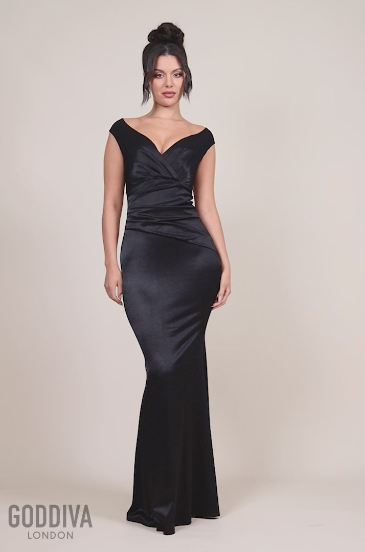 Satin Off The Shoulder Maxi Dress - Black DR3580