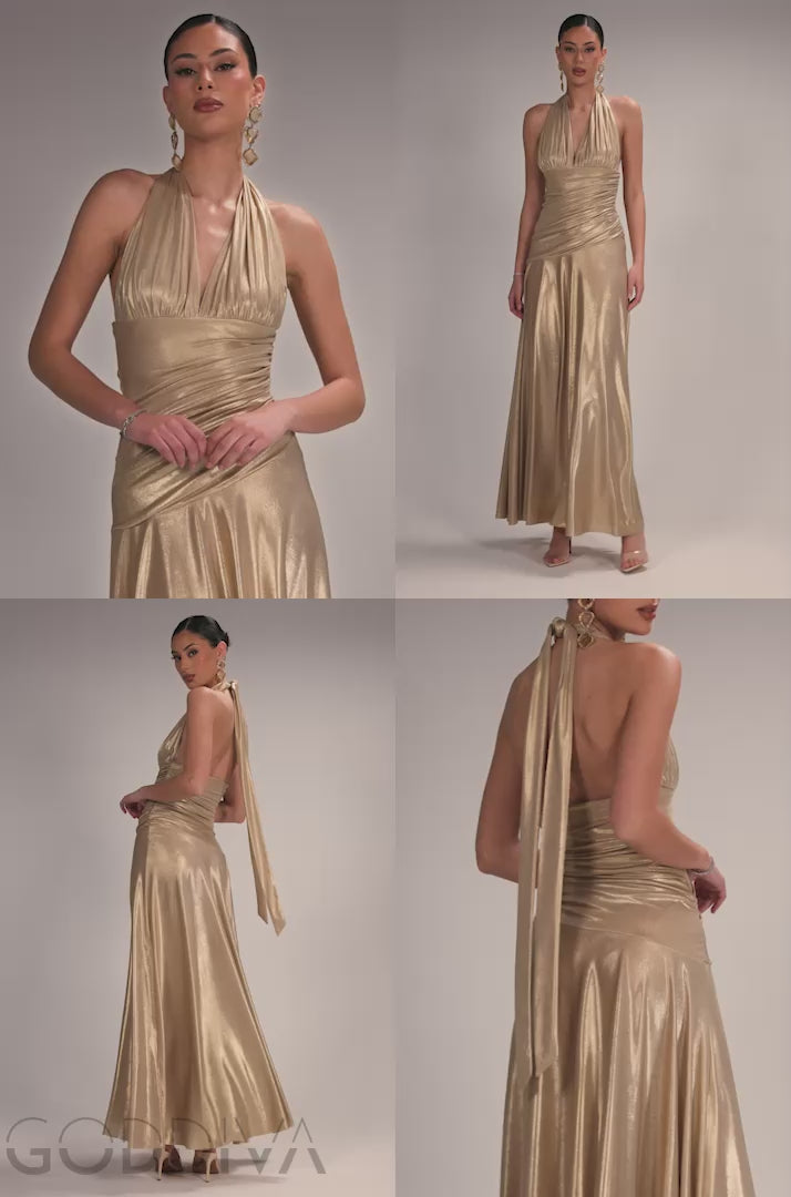 Halterneck Empire Waist Gathered Sunrise Foil  Maxi Dress - Gold DR5138