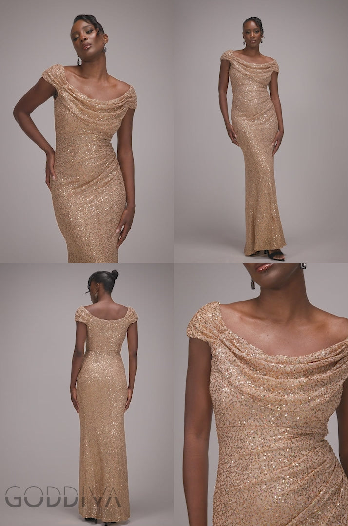 Cap Sleeve Iridescent Sequin Cowl Maxi Dress - Gold DR4633