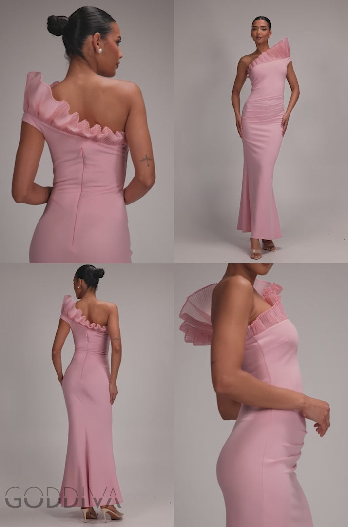 One Shoulder Organza Frill Pleated Mermaid Maxi Dress - Blush Pink DR4858
