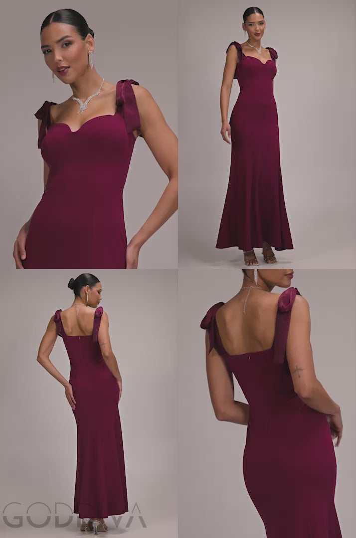Multiway Bow Velvet Satin Sweetheart Maxi Dress - Burgundy DR5078