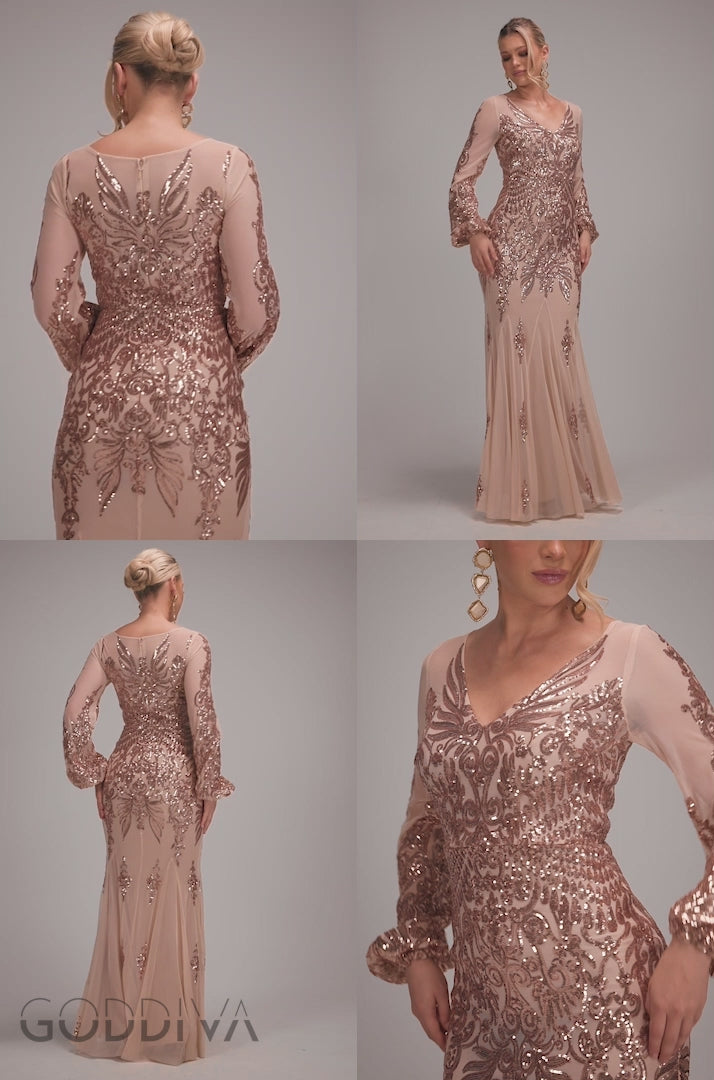 Embellished Sequin Bishop Sleeve Maxi Dress - Champagne DR4634