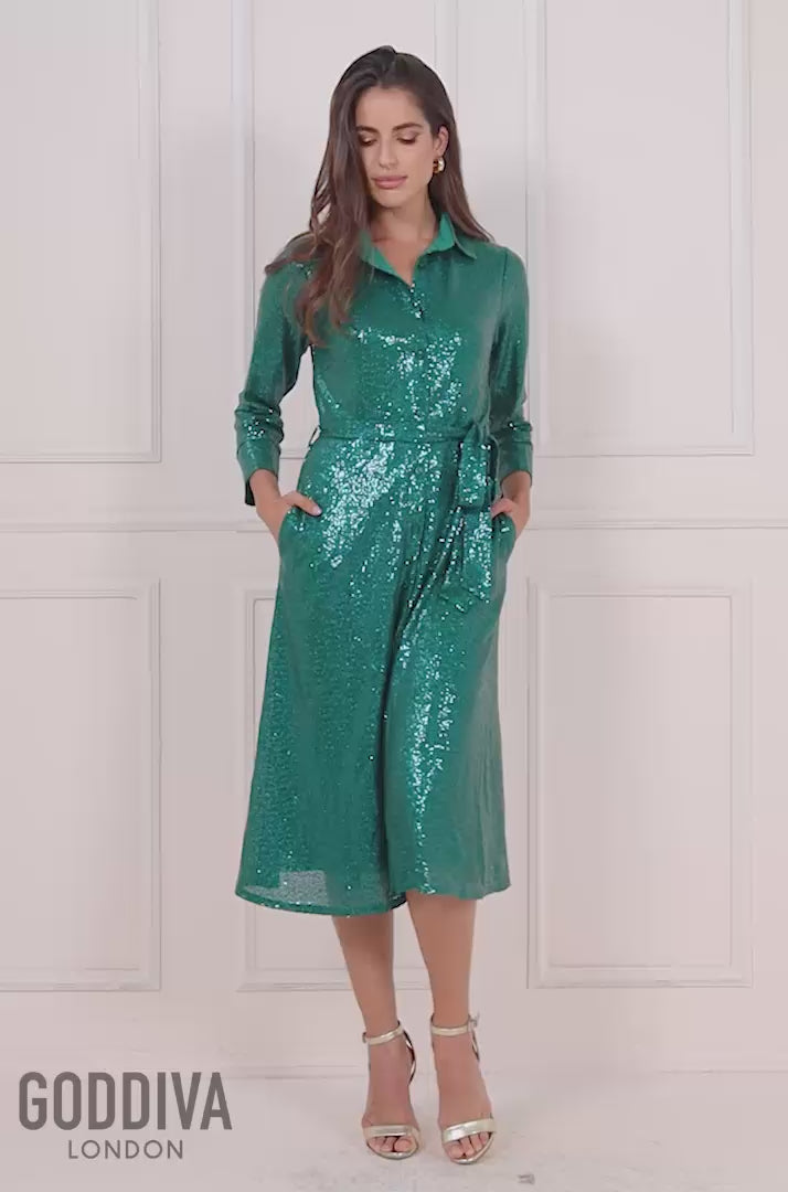 Sequin Skater Shirt Dress - Emerald DR4061