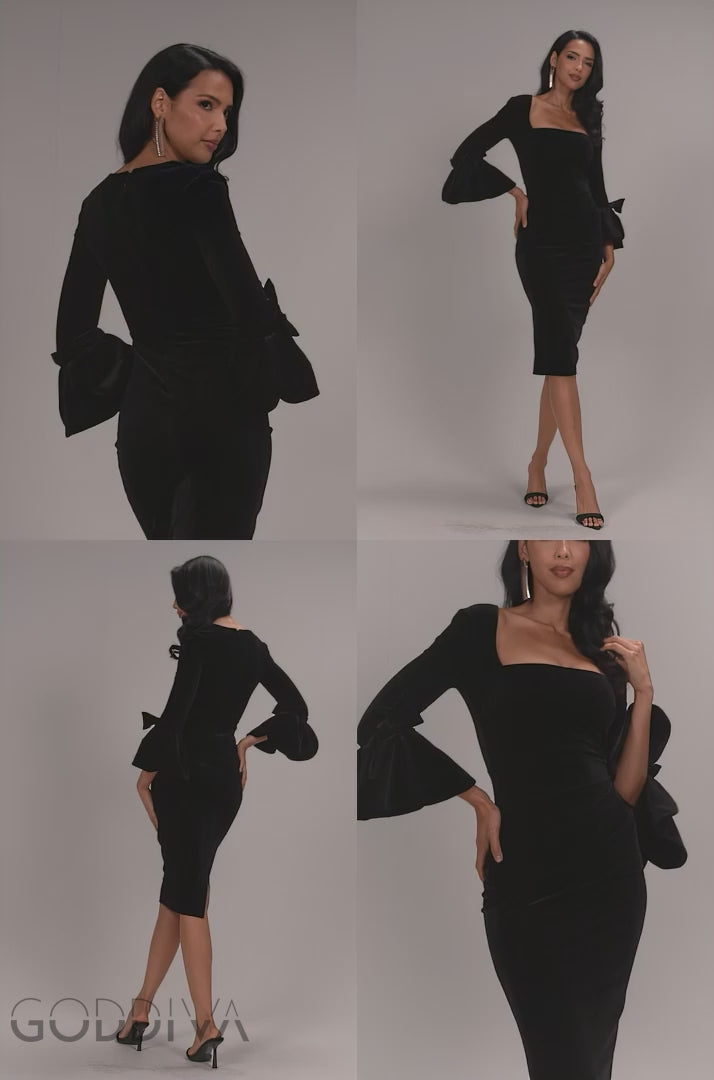 Petal Bow Sleeve Frill Velvet Midi Dress - Black DR5165