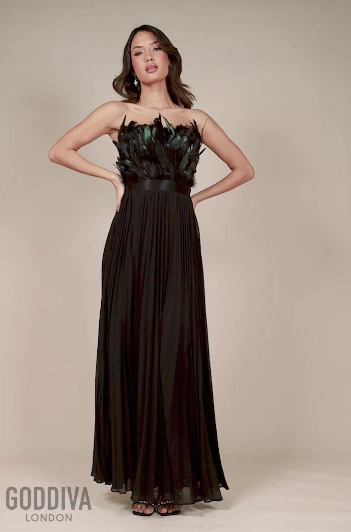 Feather Off The Shoulder Pleated Evening Maxi Dress - Black DR3233