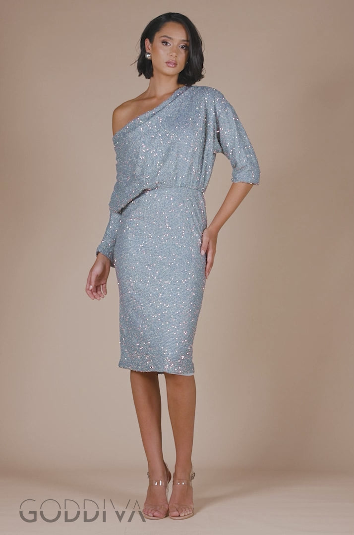 Sequin Cowl Neck Midi Dress - Silver DR3497