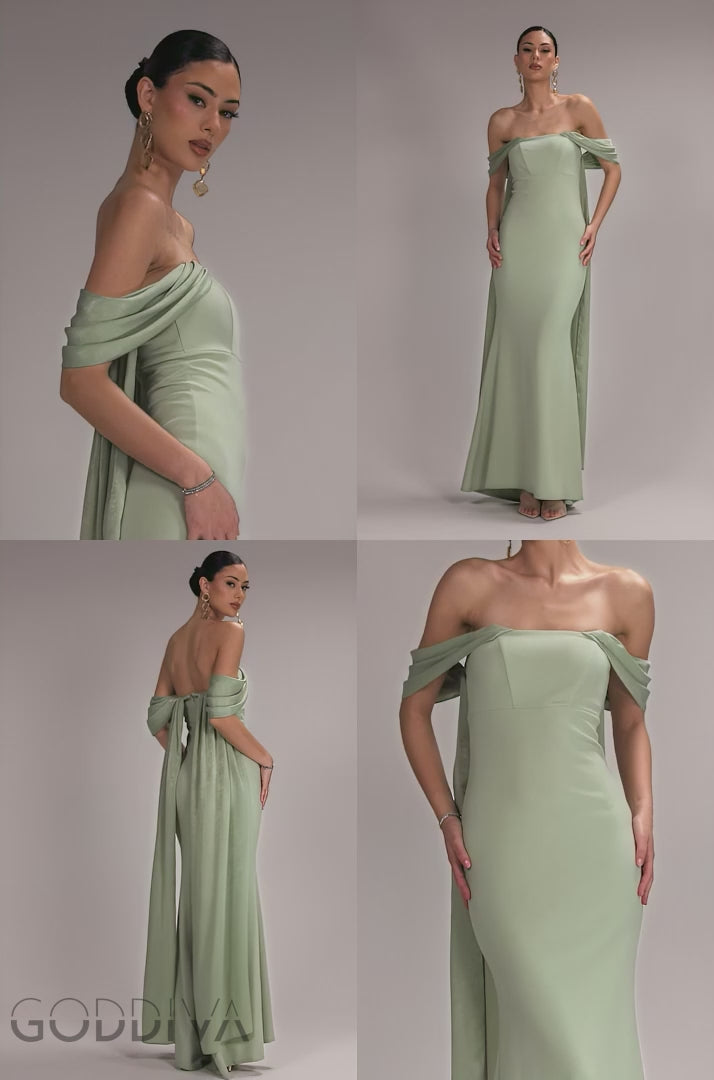 Off Shoulder Velvet Satin Wing Cape Maxi Dress - Sage Green DR5079