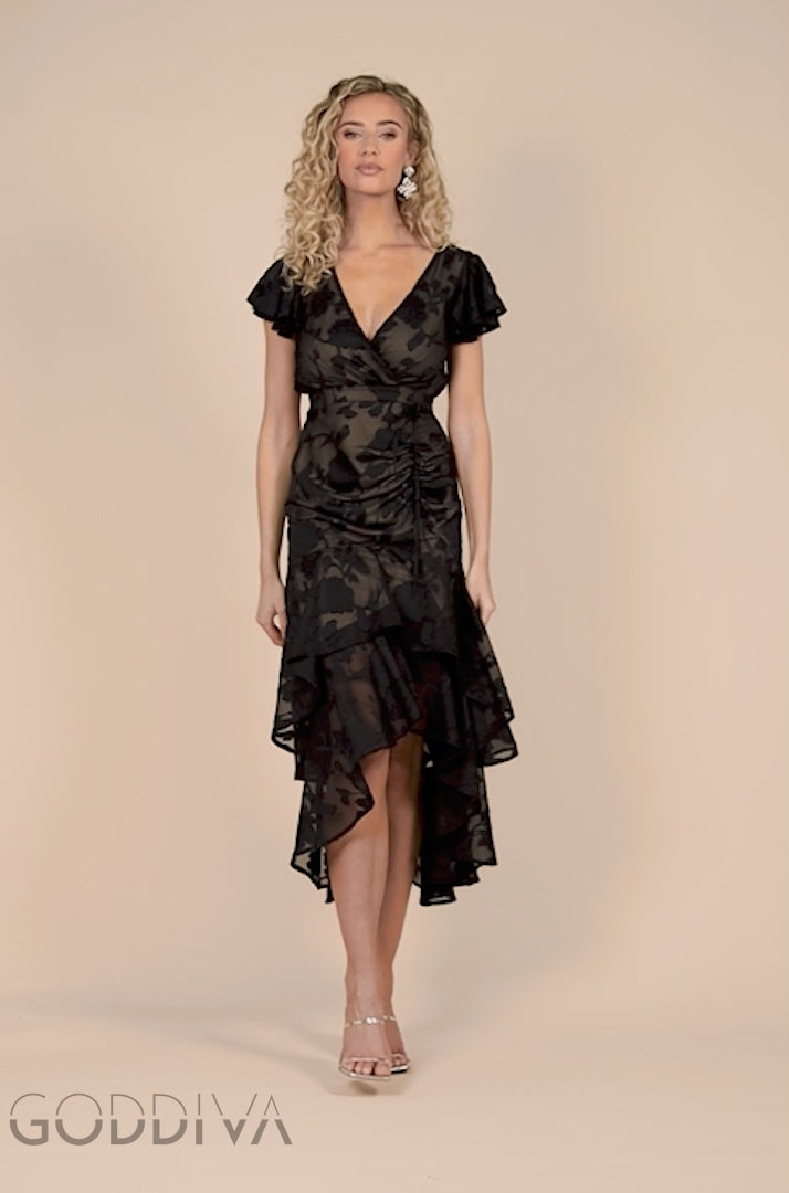 Jacquard Chiffon Wrap High Low Midaxi Dress - Black DR4552