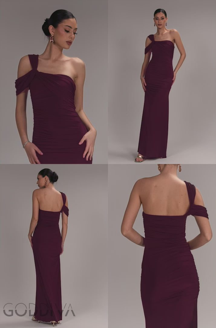 One Shoulder Asymmetric Twist Maxi Dress - Burgundy DR5089
