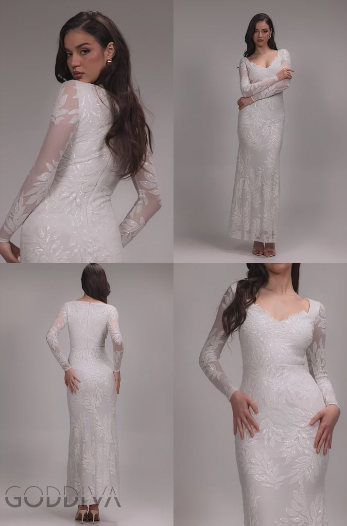Sequin Leaf Long Sleeve Maxi Dress - White DR4359