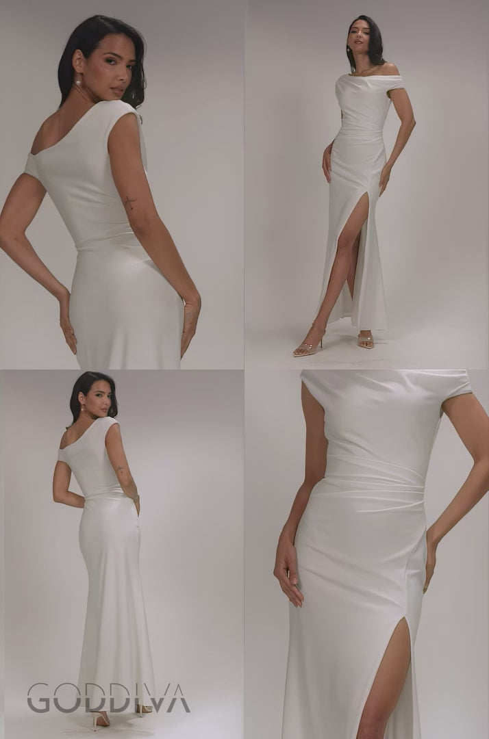 Asymmetric One Shoulder Front Split Scuba Crepe Maxi Dress - White DR5200