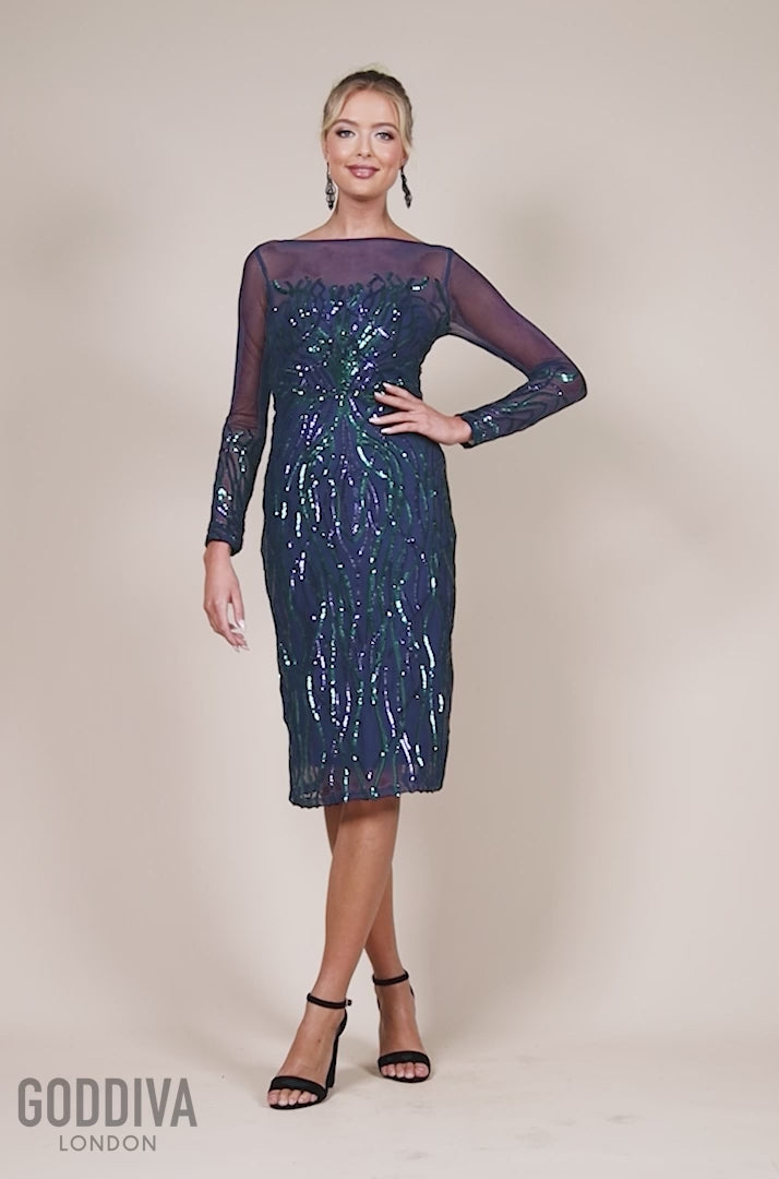 Long Sleeve Sequin Flame Midi Dress - Navy DR3605