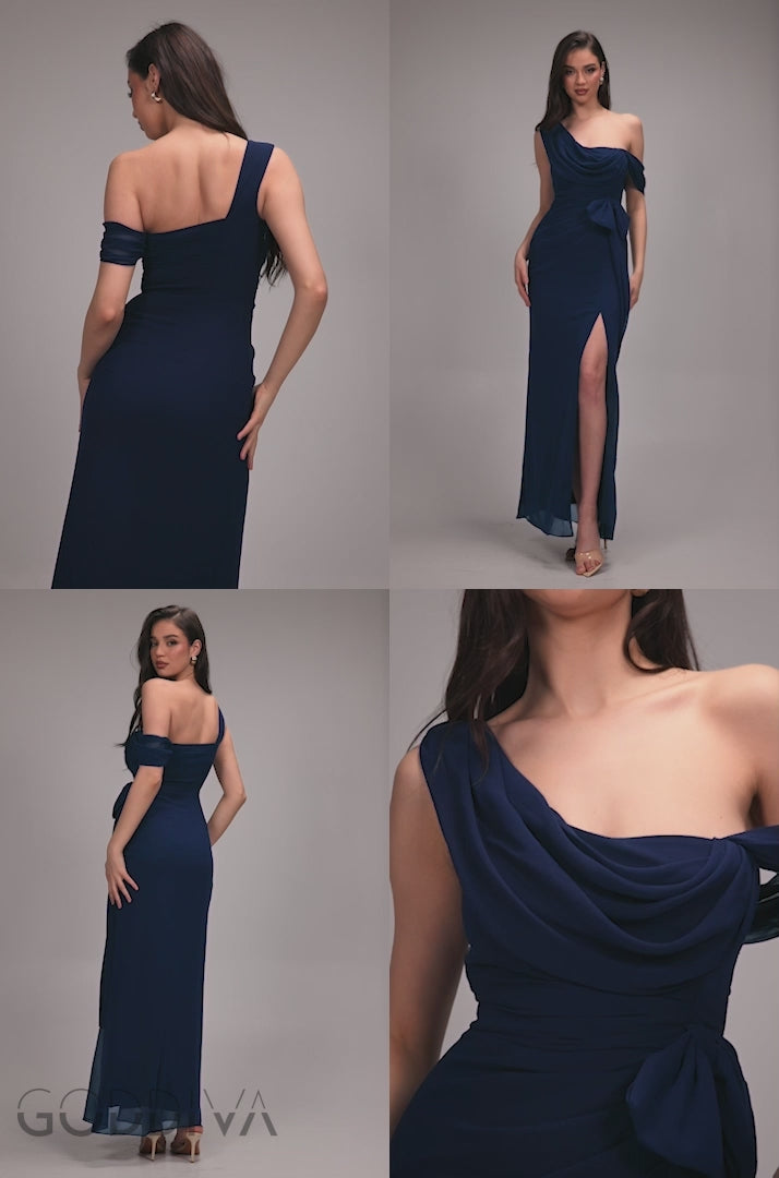 One Shoulder Cowl With Bow Detail Maxi Dress - Navy Blue DR4606