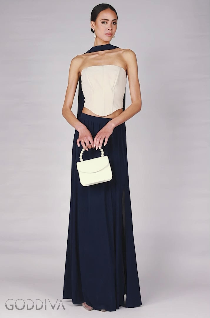 Compact Crepe Lace Up Corset With Side Split Jersey Maxi Skirt & Scarf - Beige & Navy Blue LOOK09