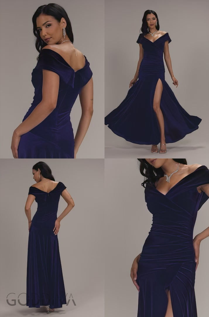 Velvet Off Shoulder High Split Maxi Dress - Indigo DR5187