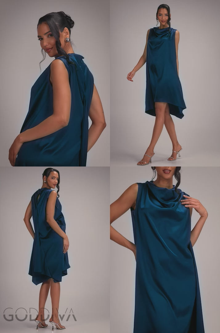 Cowl Neck Back Wing Satin High Low Midi Dress - Navy Blue DR4608