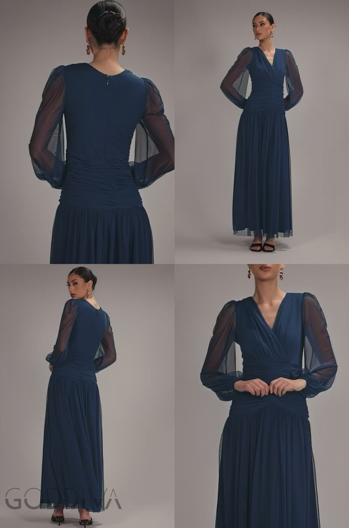 Gathered Balloon Sleeve Mesh Maxi Dress - Navy Blue DR5003