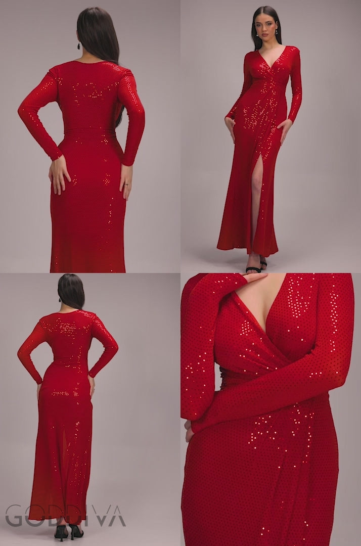 Glitter Lurex Long Sleeve Wrap Maxi Dress - Red DR4917