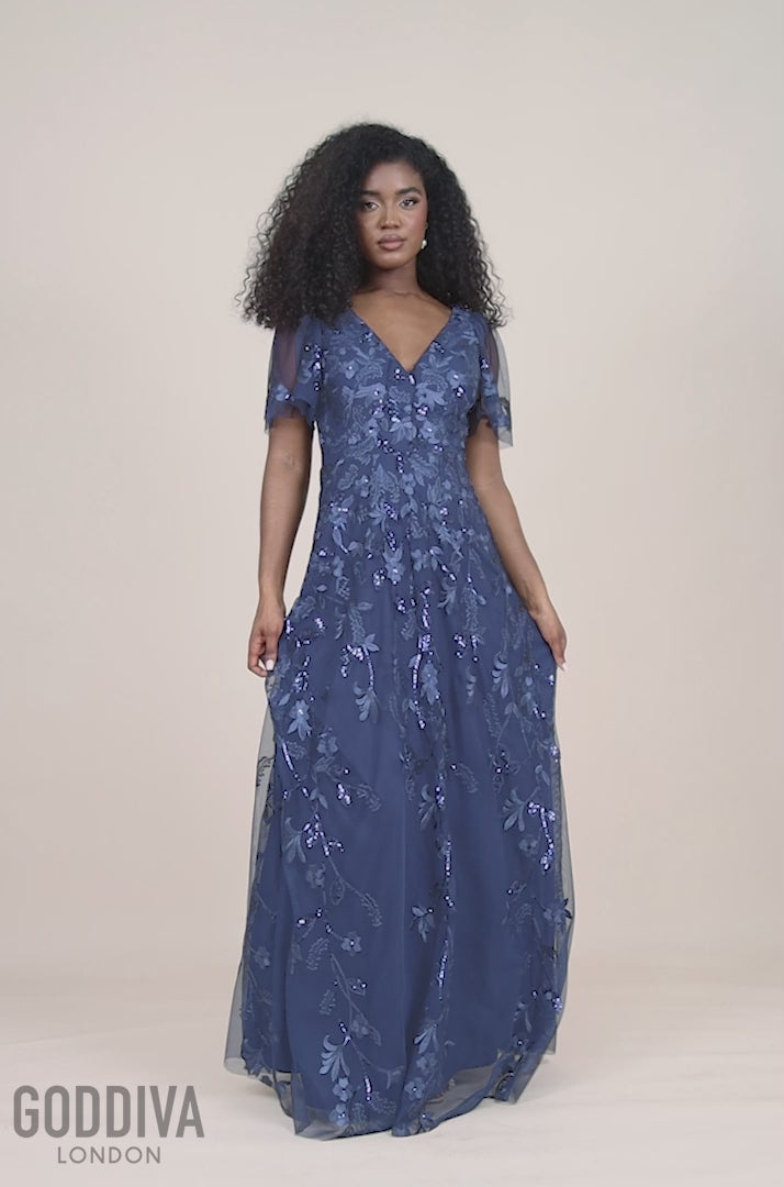 Flared Sleeve Embroidered Maxi Dress - Navy DR3279A