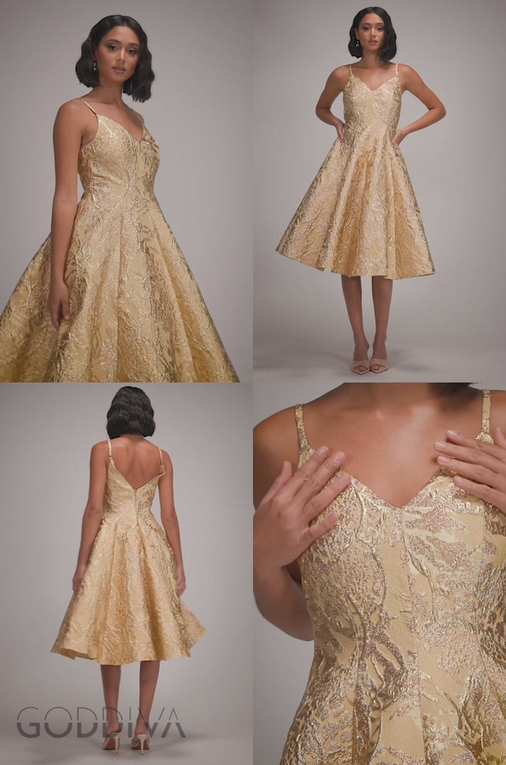 Jacquard Sleeveless A-line Midi Dress - Gold DR4163