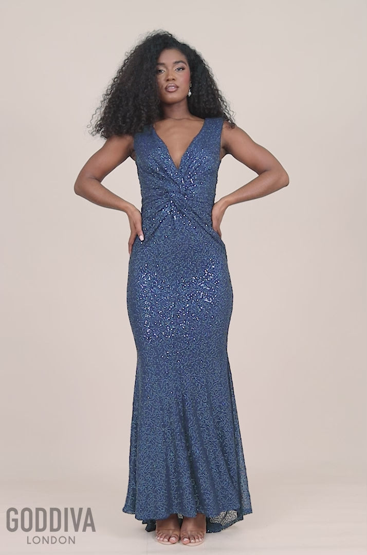 Twisted Front Sequin Maxi - Navy DR2723