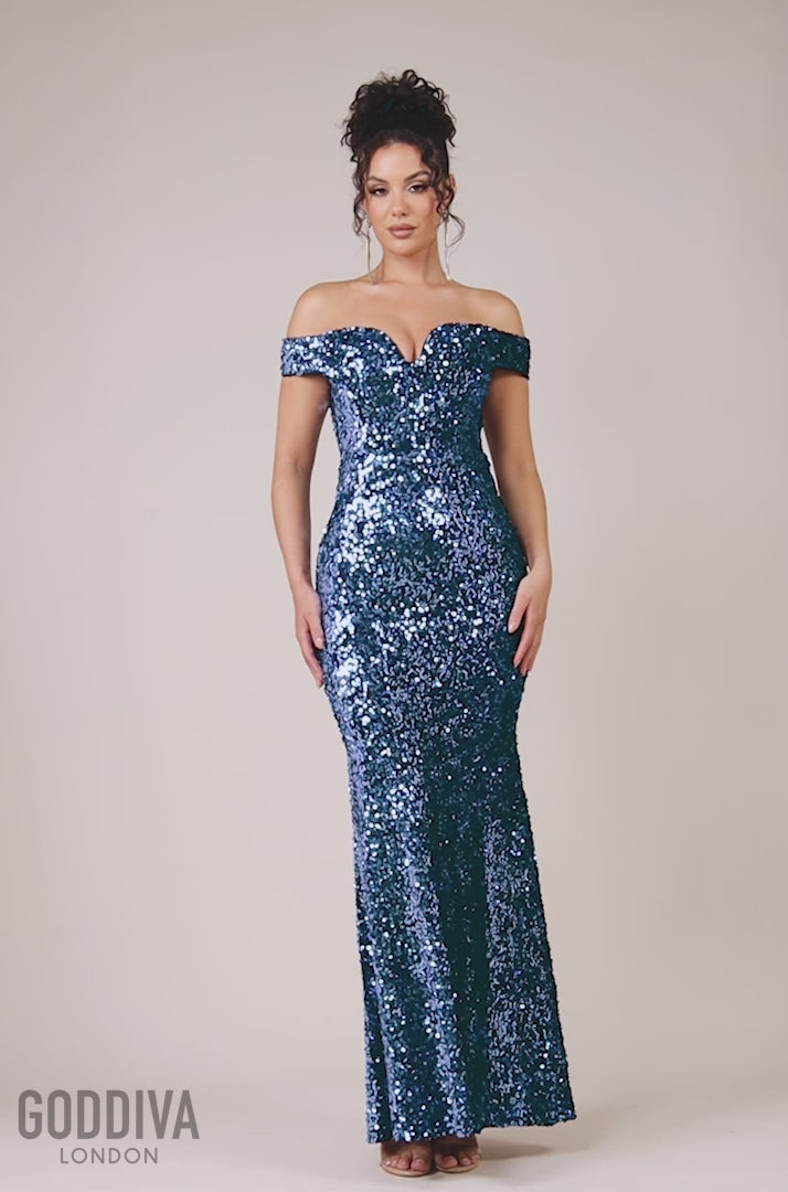 Sequin Velvet Bardot Evening Maxi Dress - Midnight Blue DR4525