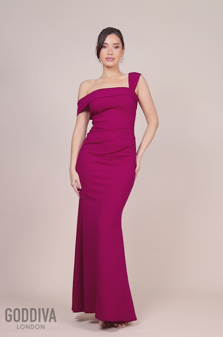 Off The Shoulder Pleated Waist Maxi Dress - Berry DR2594