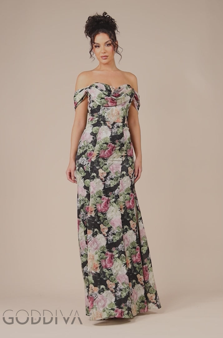 Cowl Neck Floral Print Jacquard Chiffon Maxi Dress - Black DR4583