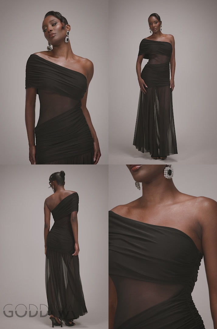 Gathered One Shoulder Sheer Panel Maxi Dress - Black DR4828