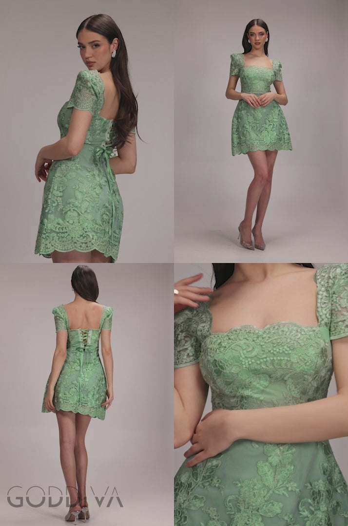 Scallop Edge Corset Back Structured Lace Mini Dress - Sage Green DR4966