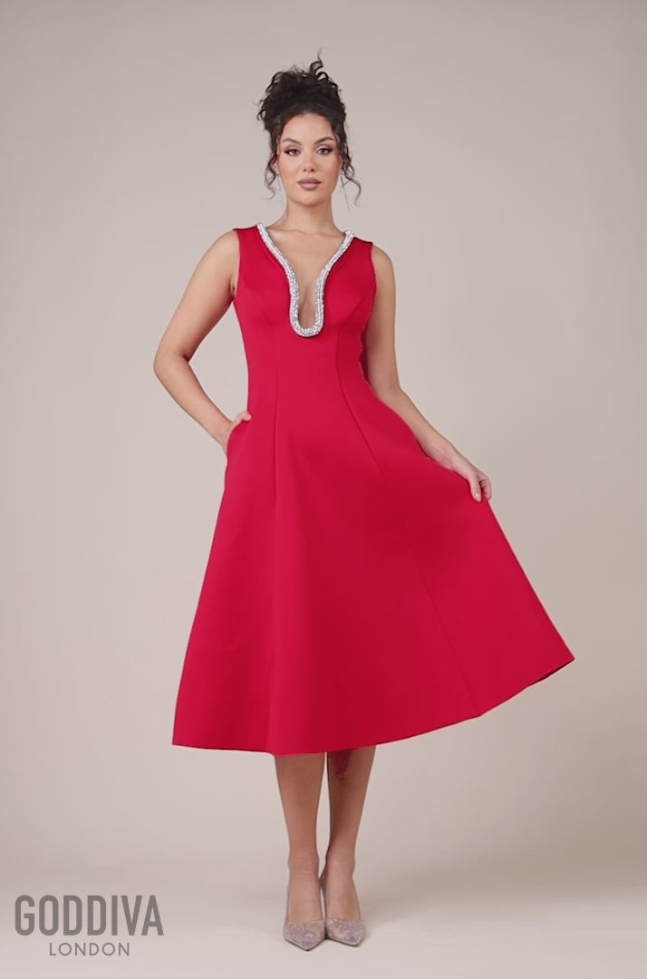 Diamante Embellished Neck A-Line Midi Dress - Red DR4599