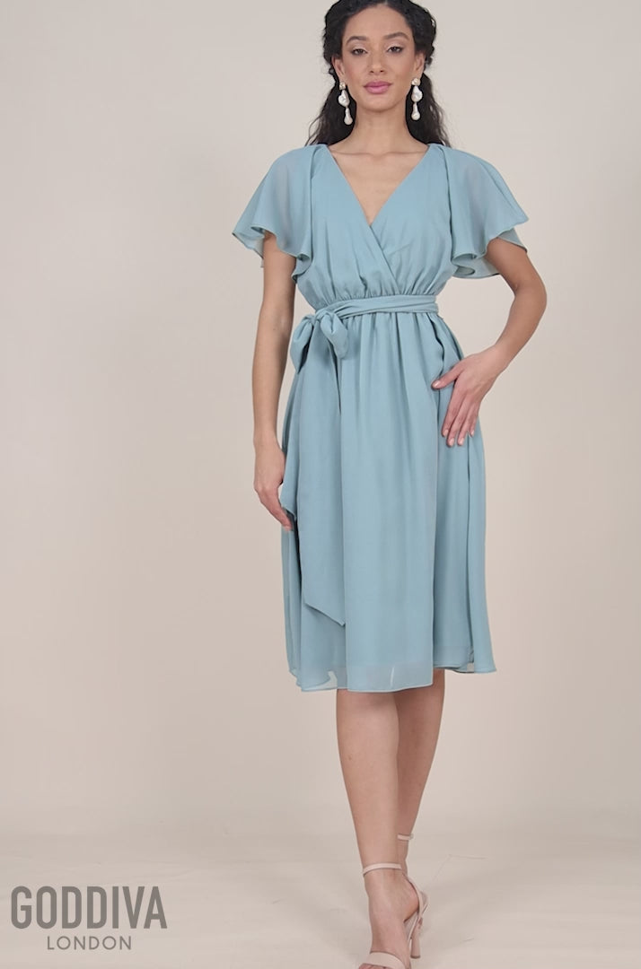 Sustainable Flutter Sleeve Chiffon Wrap Midi Dress - Sage Green DR2555BBS