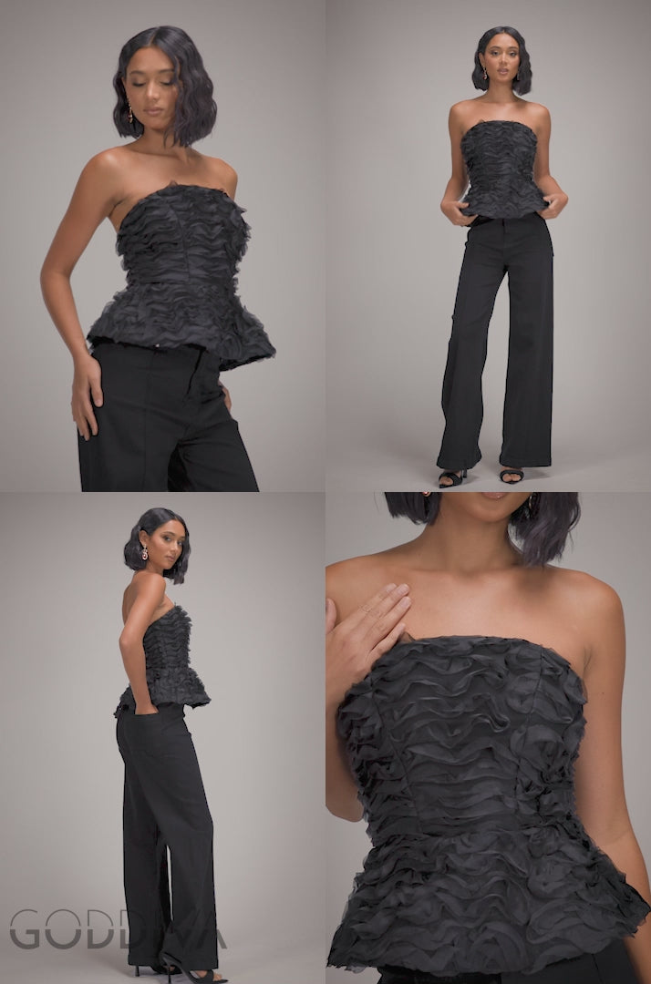 Peplum 3D Textured Boob Tube Lace Up Corset - Black T262