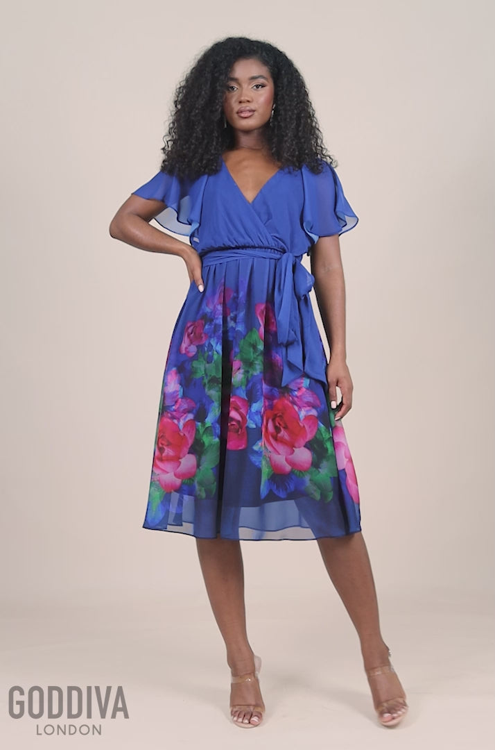 Chiffon Floral Border Print Midi Dress - Navy DR4402