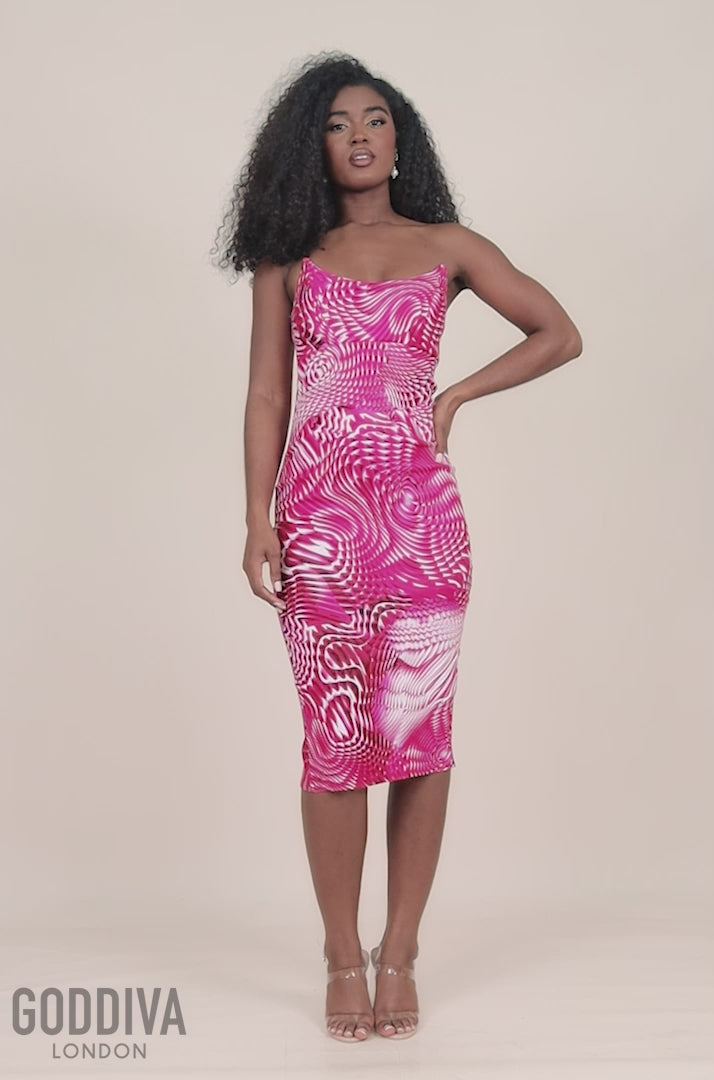 Goddiva Abstract Bandeau Bodycon Midi Dress Cerise