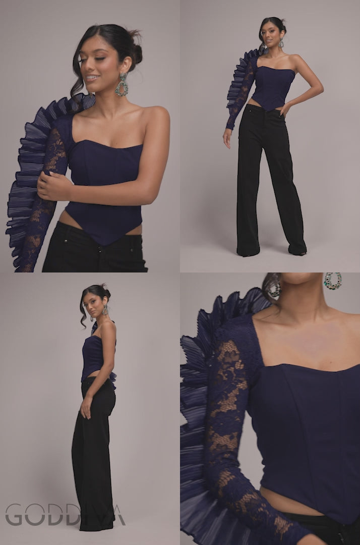 One Shoulder Fan Pleat Frill Corset Top - Navy Blue T232
