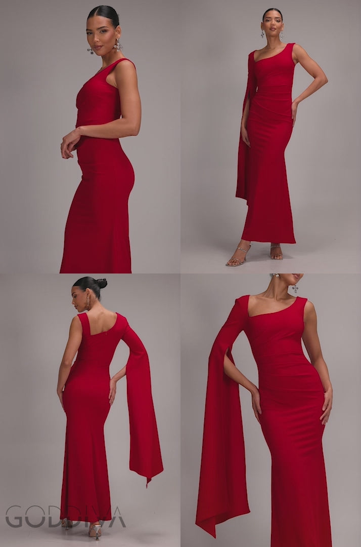 One Shoulder Cape Sleeve Maxi Dress - Red DR5041