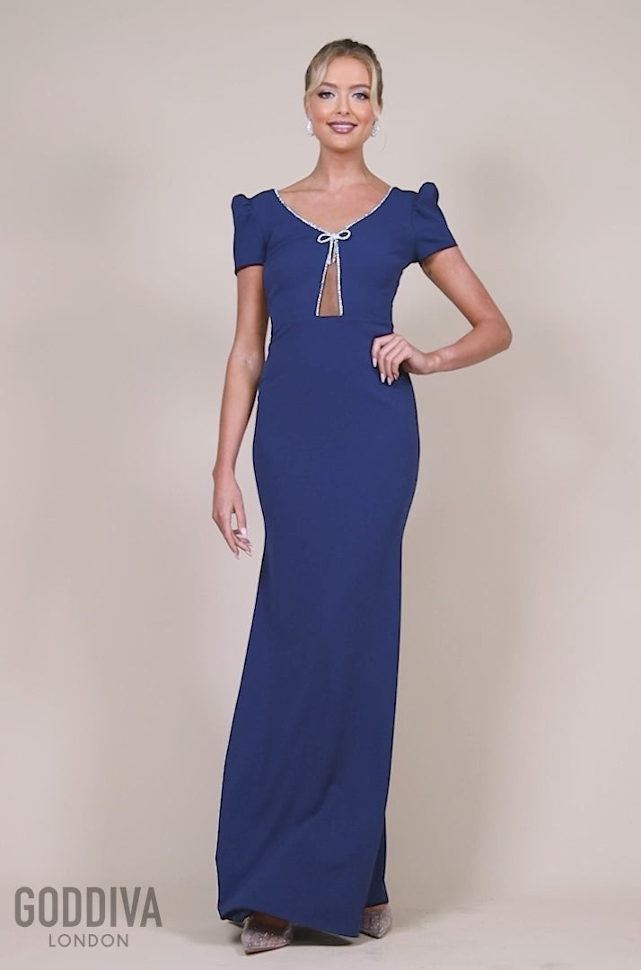 Diamante Embellished Bow Scuba Crepe Maxi Dress - Navy DR4493