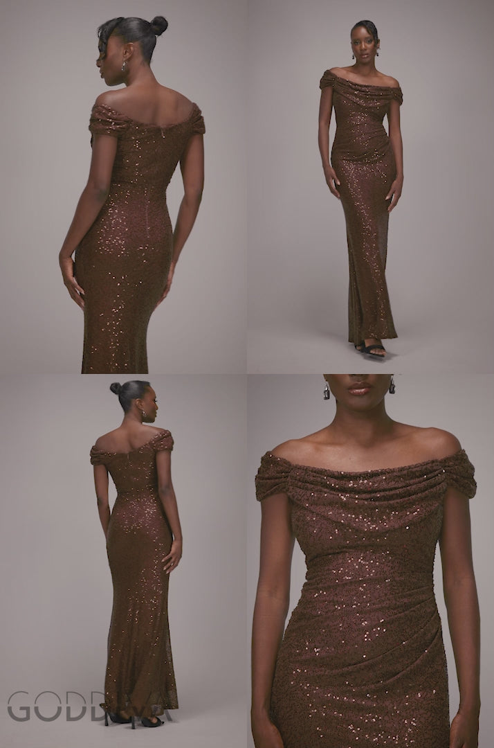 Cap Sleeve Iridescent Sequin Cowl Maxi Dress - Brown DR4633