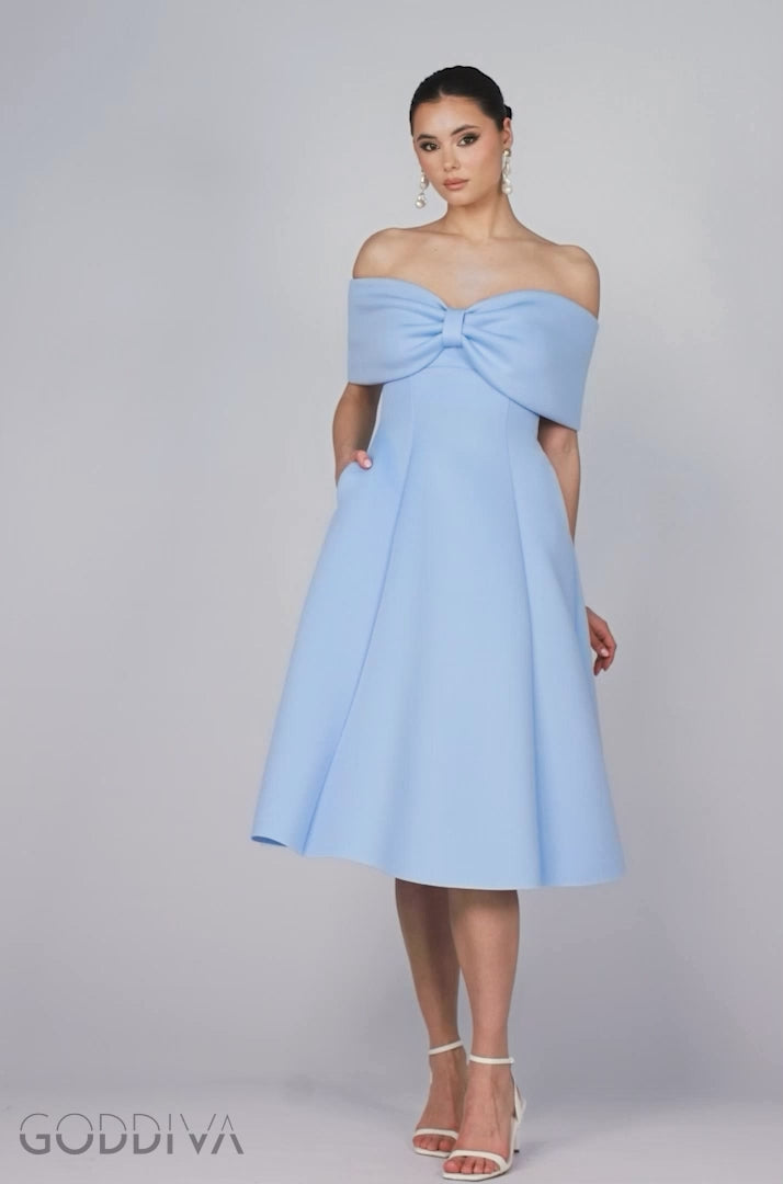Bow Off The Shoulder A Line Midi Dress - Baby Blue DR4730