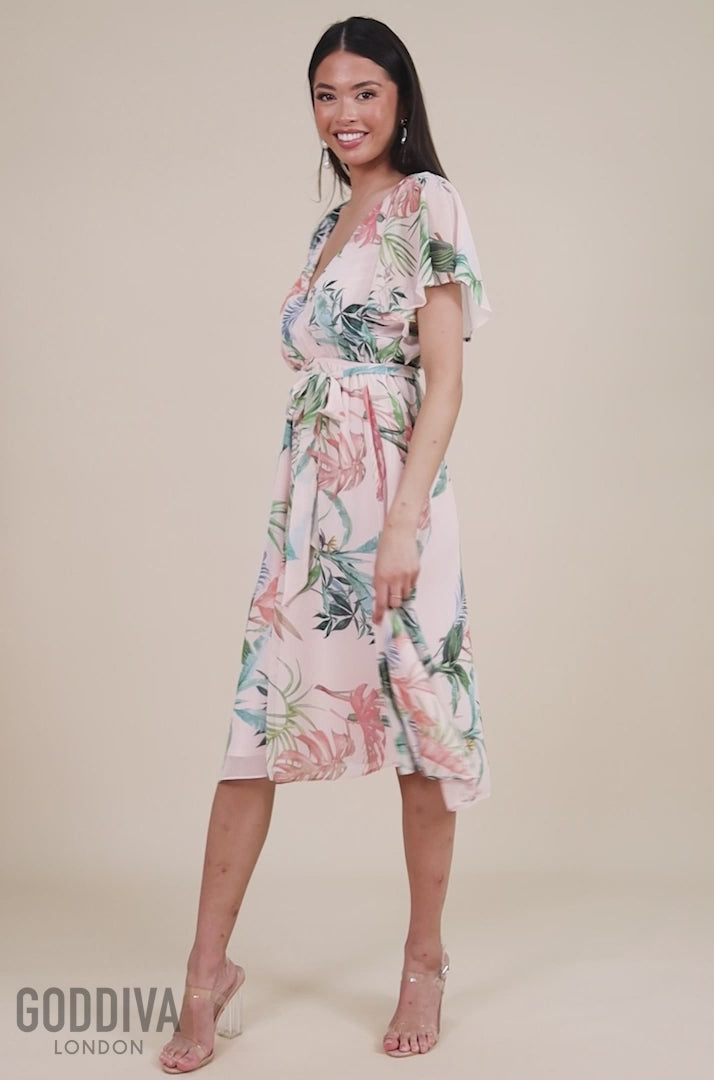 Floral Printed Flutter Sleeve Chiffon Midi Dress - Off White DR4515