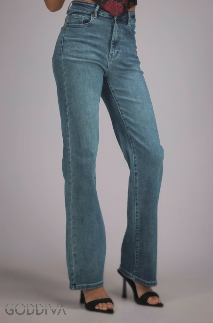 Mid Wash Straight Leg Denim Jeans - Blue TR393