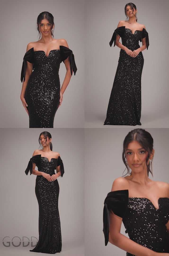 Sequin Off The Shoulder Velvet Bow Maxi Dress - Black DR4894
