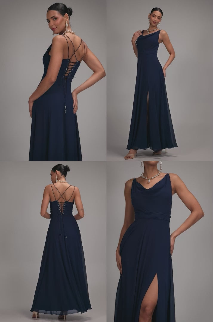 Chiffon Cowl Twisted Rope Strap Lace-up Flared Maxi Dress - Navy Blue DR4937