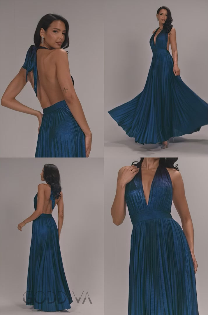 Open Back Sunrise Foil Halterneck A Line Maxi Dress - Navy Blue DR4697